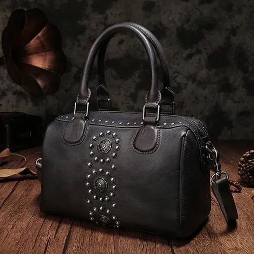 Vintage Red Ladies Leather Rivet Boston Handbag Purse Brown Shoulder Handbag for Women