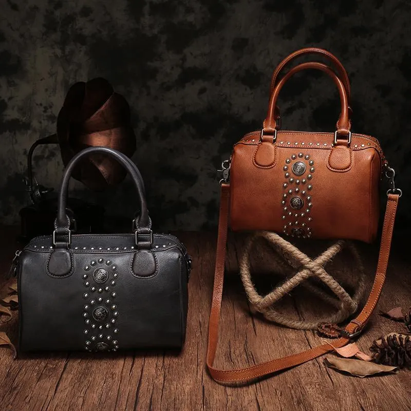 Vintage Red Ladies Leather Rivet Boston Handbag Purse Brown Shoulder Handbag for Women