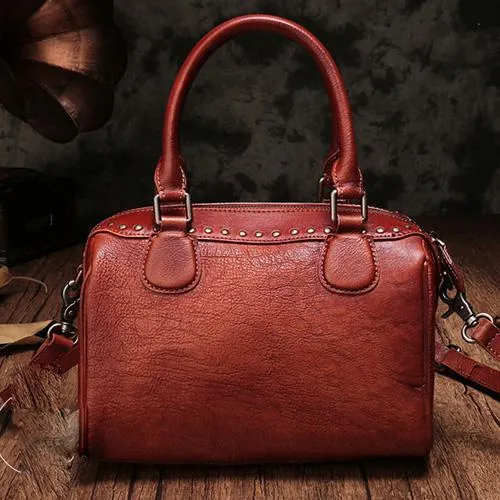Vintage Red Ladies Leather Rivet Boston Handbag Purse Brown Shoulder Handbag for Women
