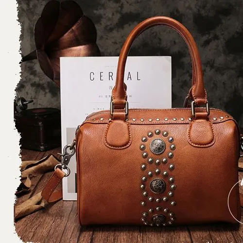 Vintage Red Ladies Leather Rivet Boston Handbag Purse Brown Shoulder Handbag for Women