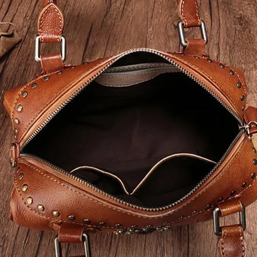 Vintage Red Ladies Leather Rivet Boston Handbag Purse Brown Shoulder Handbag for Women