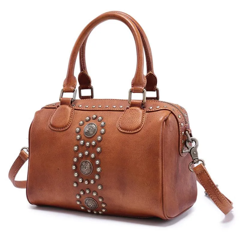 Vintage Red Ladies Leather Rivet Boston Handbag Purse Brown Shoulder Handbag for Women
