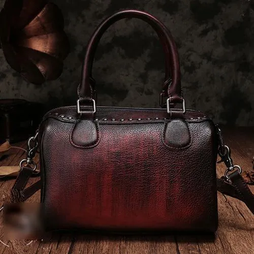 Vintage Red Ladies Leather Rivet Boston Handbag Purse Brown Shoulder Handbag for Women