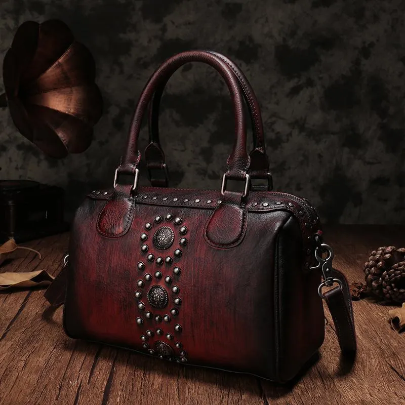 Vintage Red Ladies Leather Rivet Boston Handbag Purse Brown Shoulder Handbag for Women