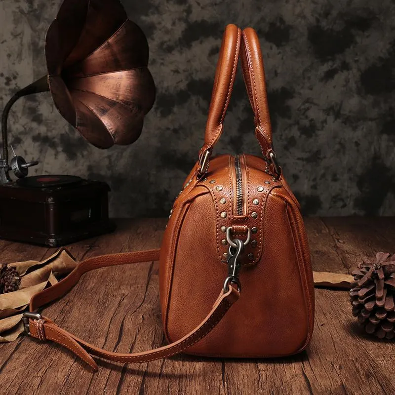 Vintage Red Ladies Leather Rivet Boston Handbag Purse Brown Shoulder Handbag for Women