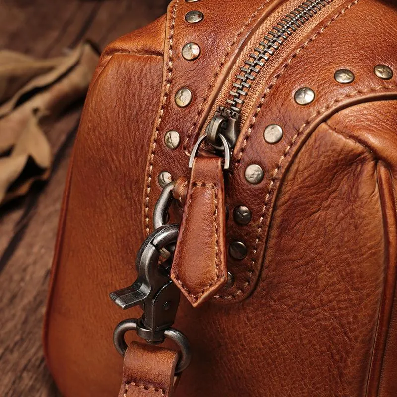 Vintage Red Ladies Leather Rivet Boston Handbag Purse Brown Shoulder Handbag for Women