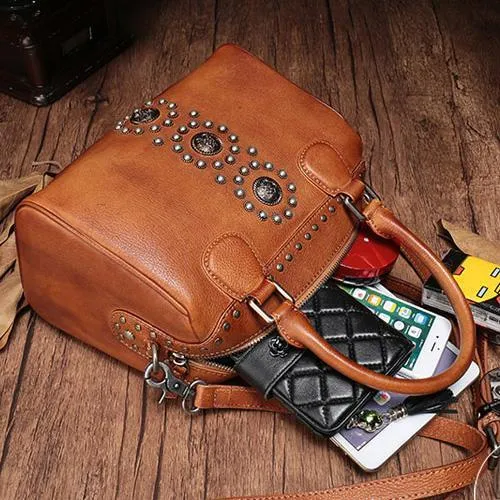 Vintage Red Ladies Leather Rivet Boston Handbag Purse Brown Shoulder Handbag for Women