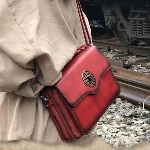 Vintage Womens Brown Leather Satchel Crossbody Bag Small Vintage Style Shoulder Bags for Ladies