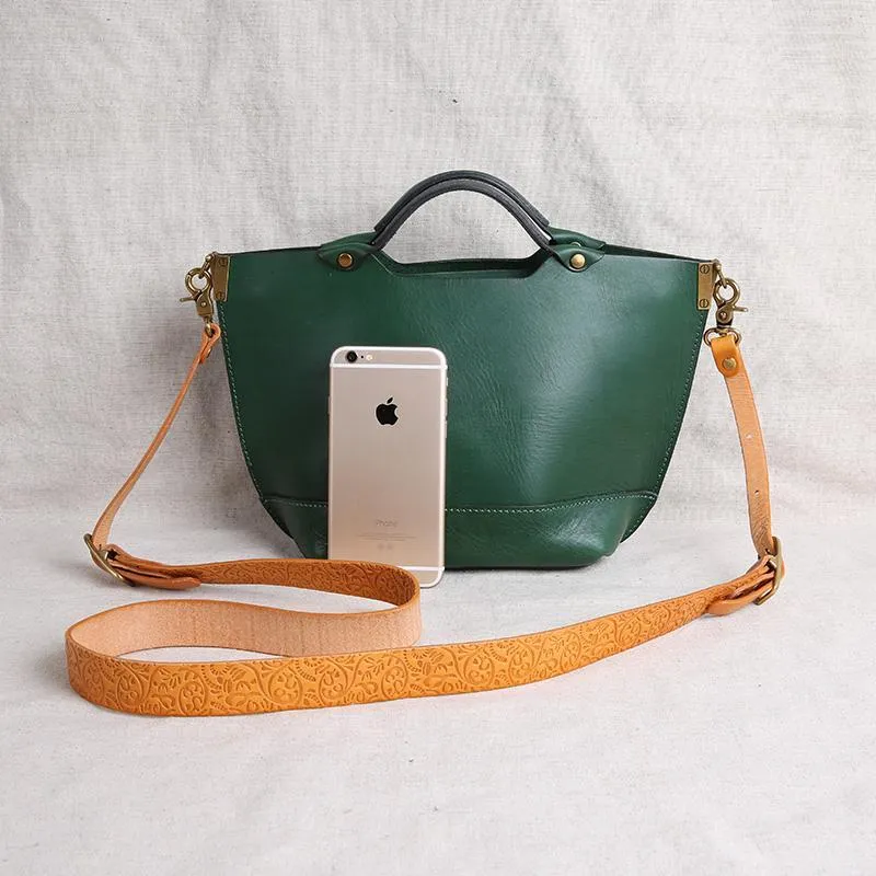 Vintage Womens Brown Leather Tote Purse 12" Shoulder Green Tote Handbags Bags for Ladies