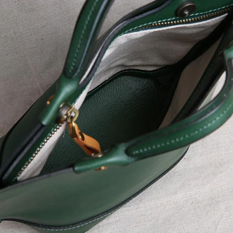Vintage Womens Brown Leather Tote Purse 12" Shoulder Green Tote Handbags Bags for Ladies