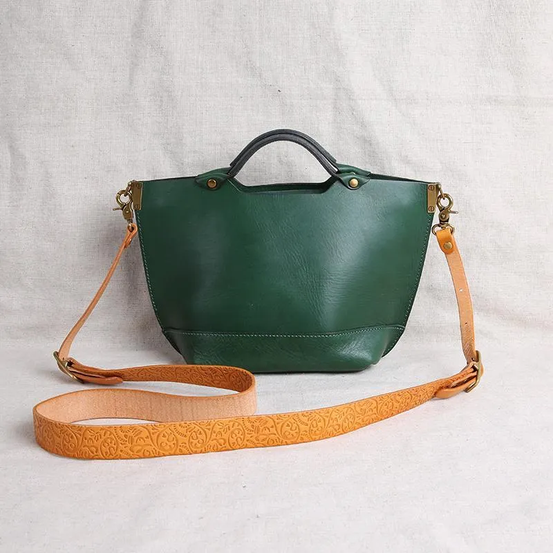 Vintage Womens Brown Leather Tote Purse 12" Shoulder Green Tote Handbags Bags for Ladies