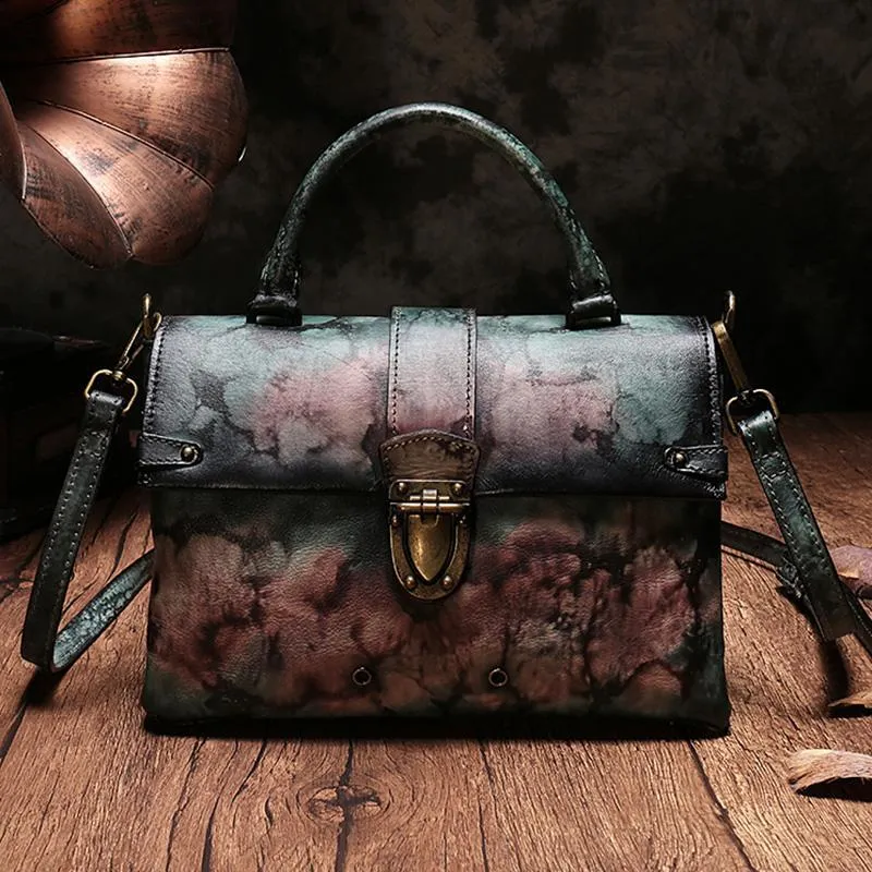 Vintage Womens Green Leather Satchel Handbags Purse Shoulder Crossbody Bags for Ladies