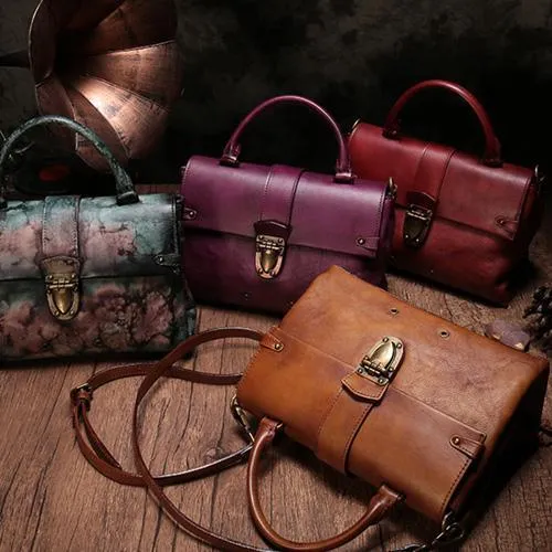 Vintage Womens Green Leather Satchel Handbags Purse Shoulder Crossbody Bags for Ladies