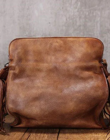 Vintage Womens Leather shoulder bag leather crossbody bag purse with tassels