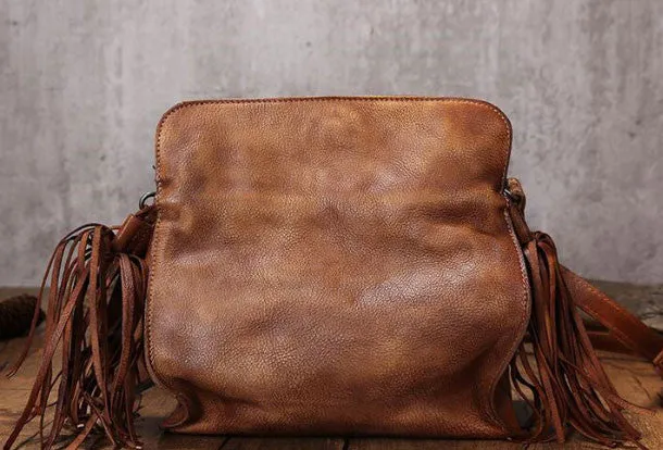 Vintage Womens Leather shoulder bag leather crossbody bag purse with tassels