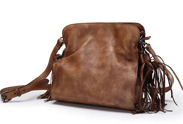 Vintage Womens Leather shoulder bag leather crossbody bag purse with tassels