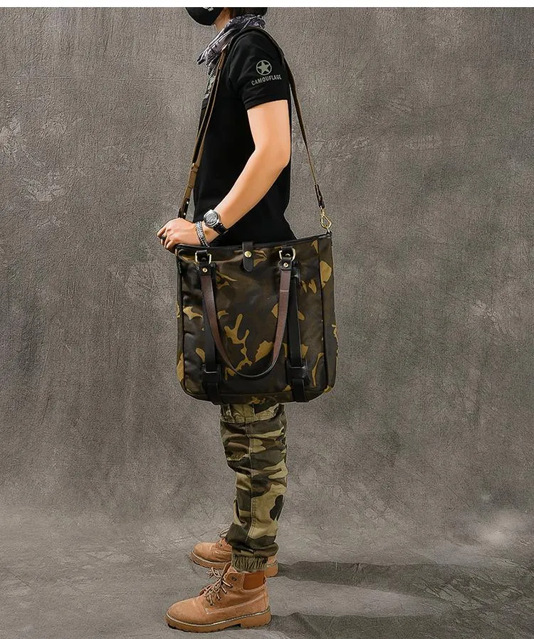 Waxed Canvas Leather Mens Womens 14'' Camouflage Tote Bag Handbag Tote Bag Shoulder Bag Tote Purse For Men