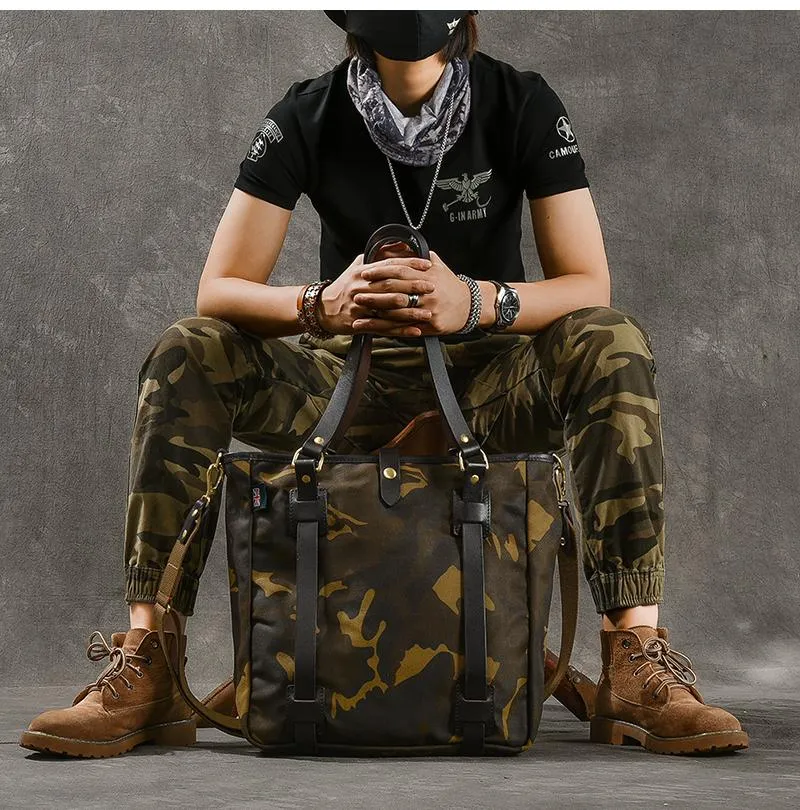Waxed Canvas Leather Mens Womens 14'' Camouflage Tote Bag Handbag Tote Bag Shoulder Bag Tote Purse For Men