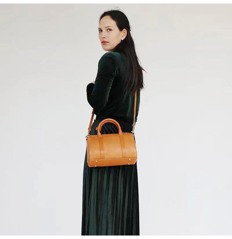 Womens Coffee Leather Boston Handbag Vintage Boston Crossbody Bag Shoulder Bag for Ladies
