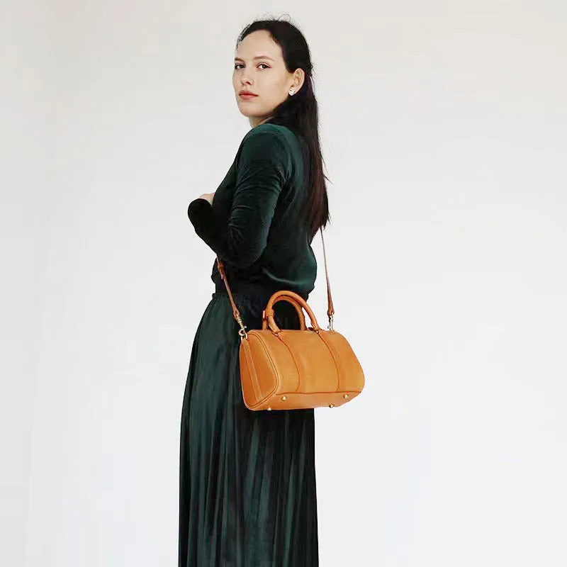Womens Coffee Leather Boston Handbag Vintage Boston Crossbody Bag Shoulder Bag for Ladies