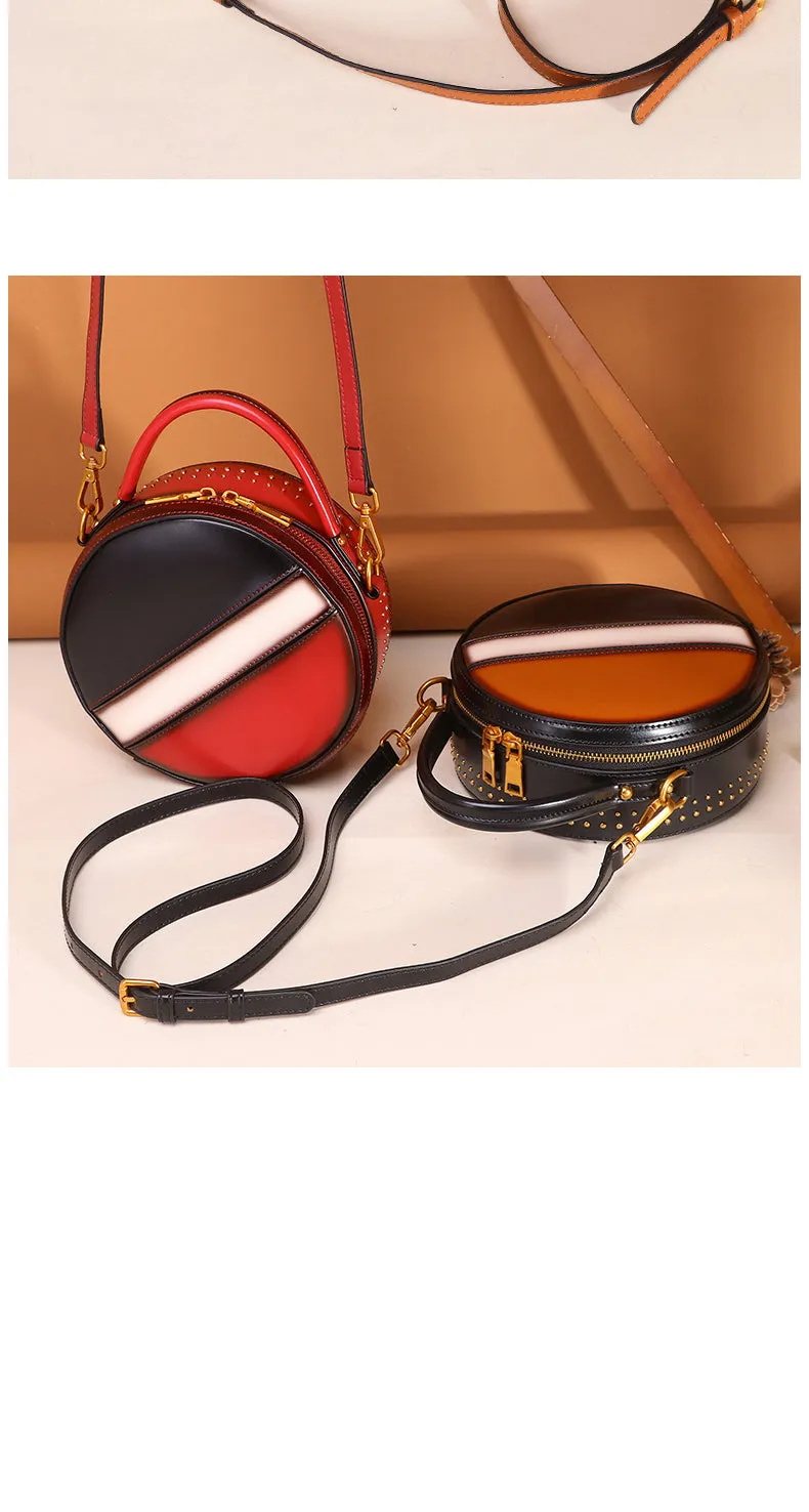 Womens Green Leather Round Handbag CONTRAST COLOR Crossbody Purse Green Round Shoulder Bag for Women